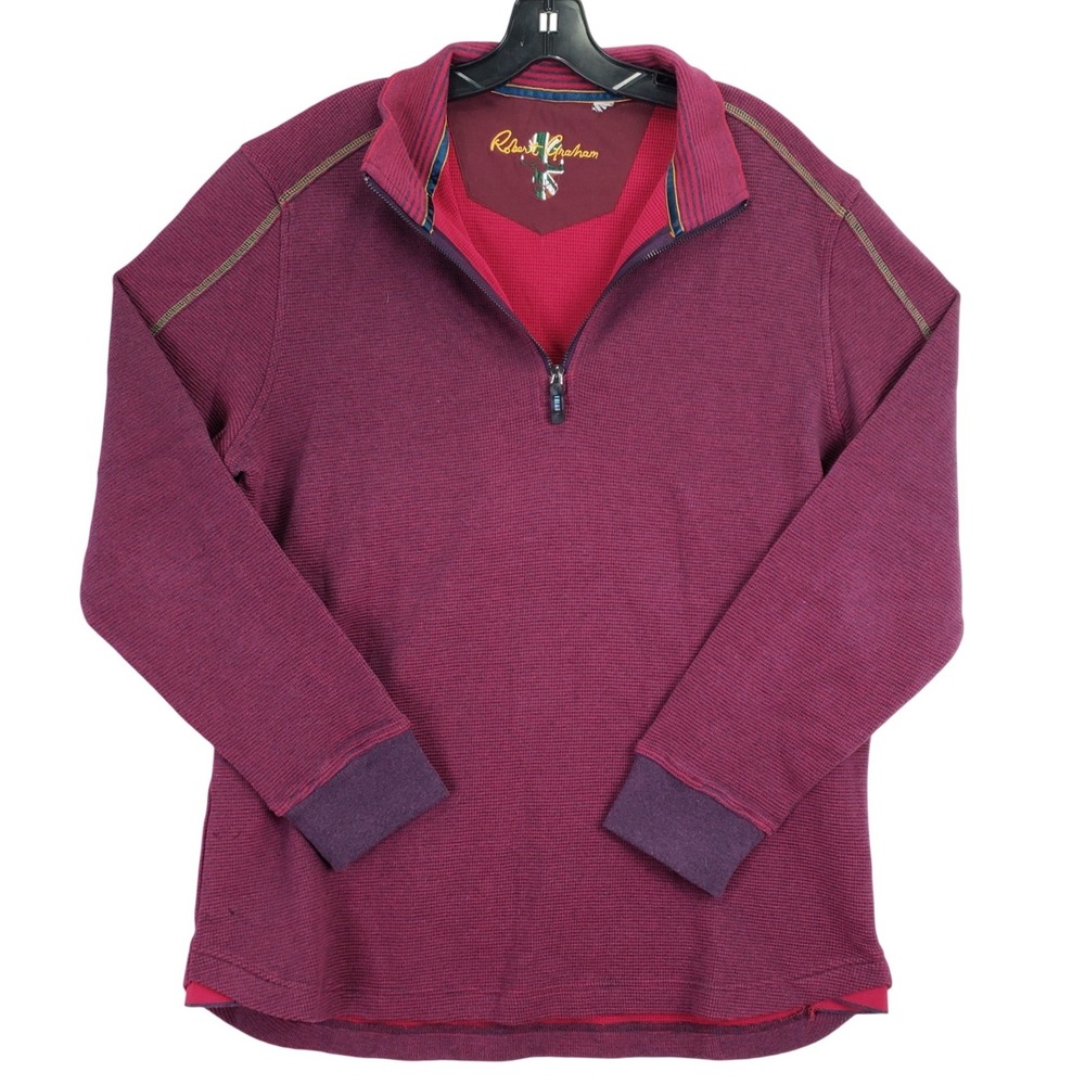 Robert Graham Skull Quarter Zip Pullover Mens XL Burgundy Stripe Waffle Knit